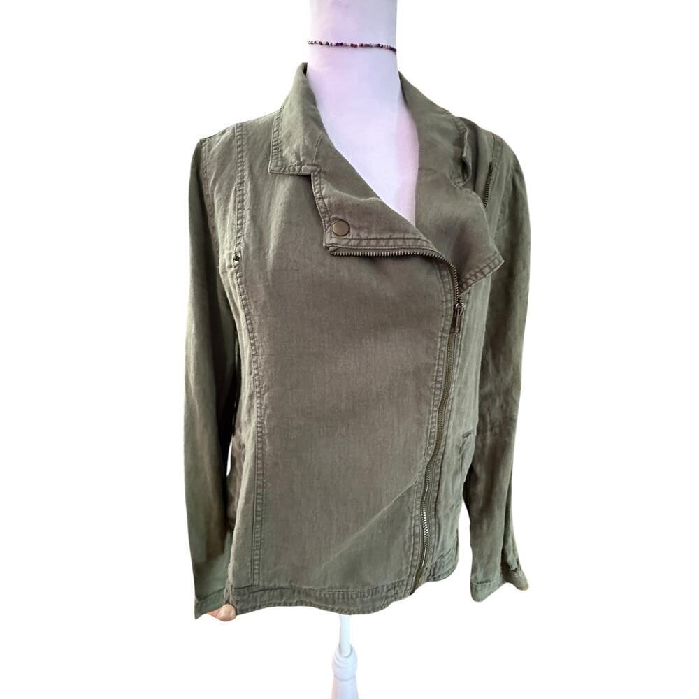 Cynthia Rowley Linen Jacket Womens Small Olive Asymmetrical Zipper Collared Sz L